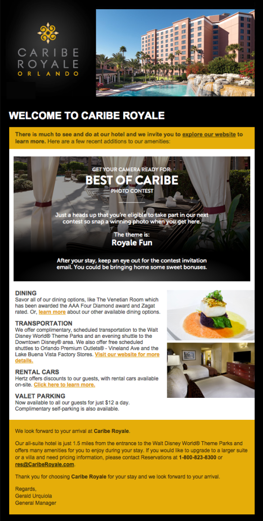 Caribe Royale Welcome Email