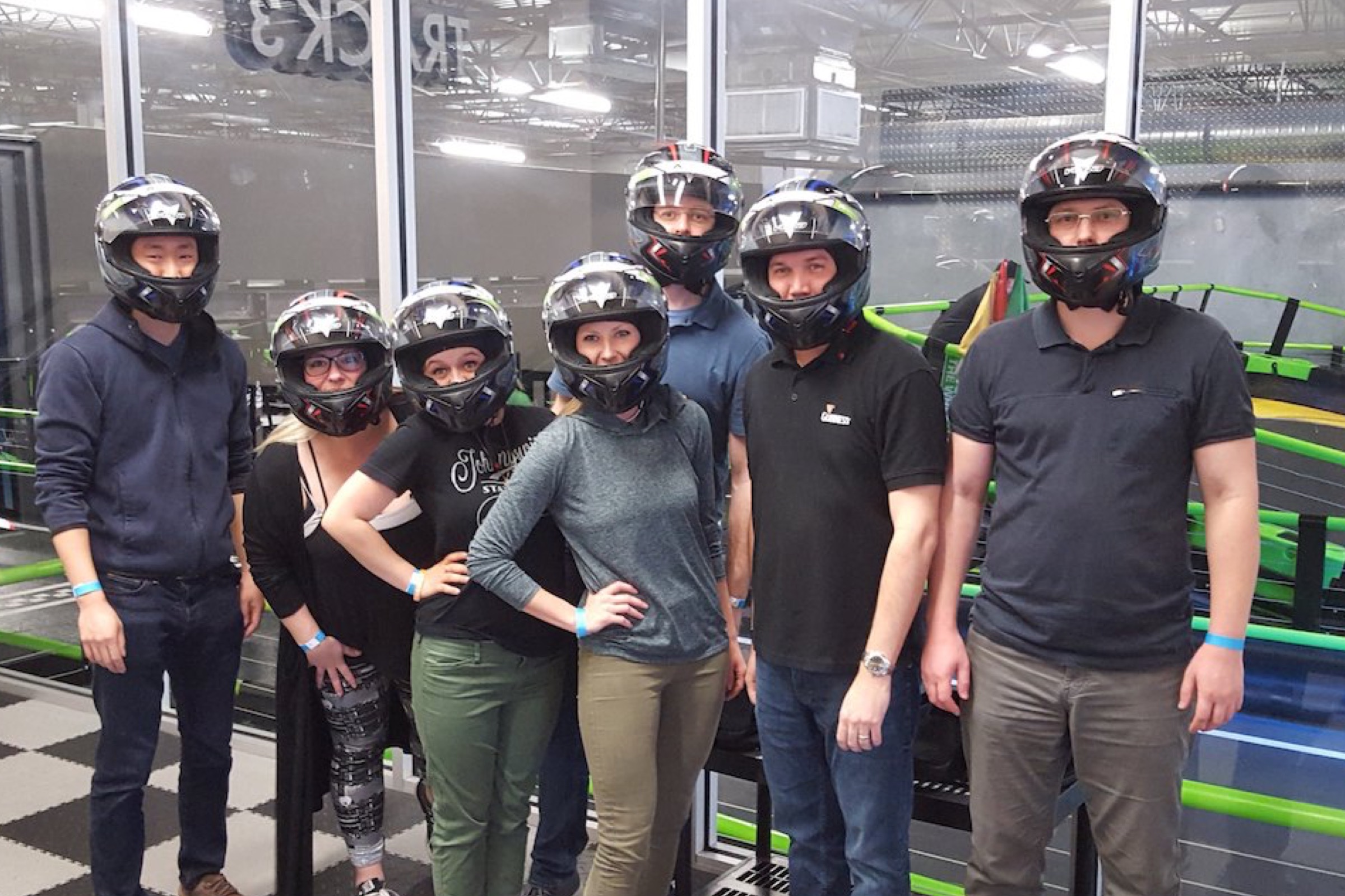 Getting ready to race electric go-karts on Friday’s offsite at Andretti Indoor Karting