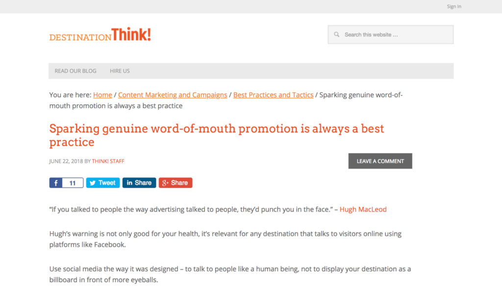 Destination Think! Sparking genuine word-of-mouth is always a best practice