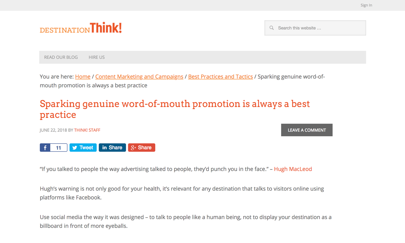 Destination Think! Sparking genuine word-of-mouth is always a best practice