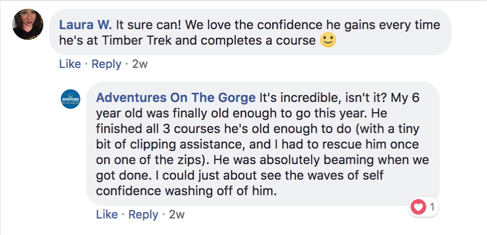 Facebook comment by Laura W. to Adventure on the Gorge.