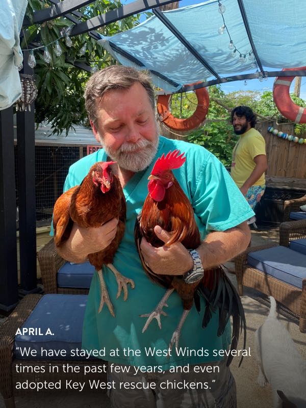 Photo submission from April A. showing man holding a rooster and a hen.