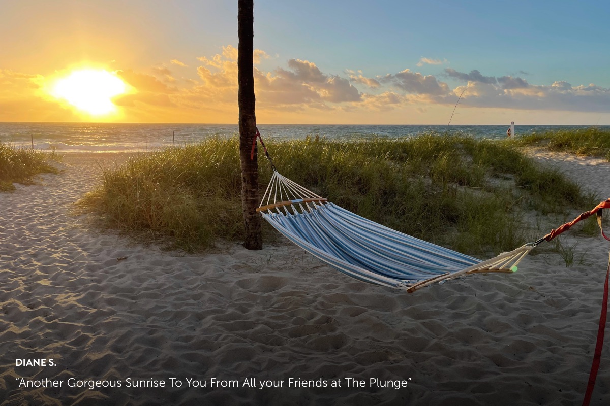 Photo submission from Diane S. showing a beach at sunset with an empty hammock in between palm trees.