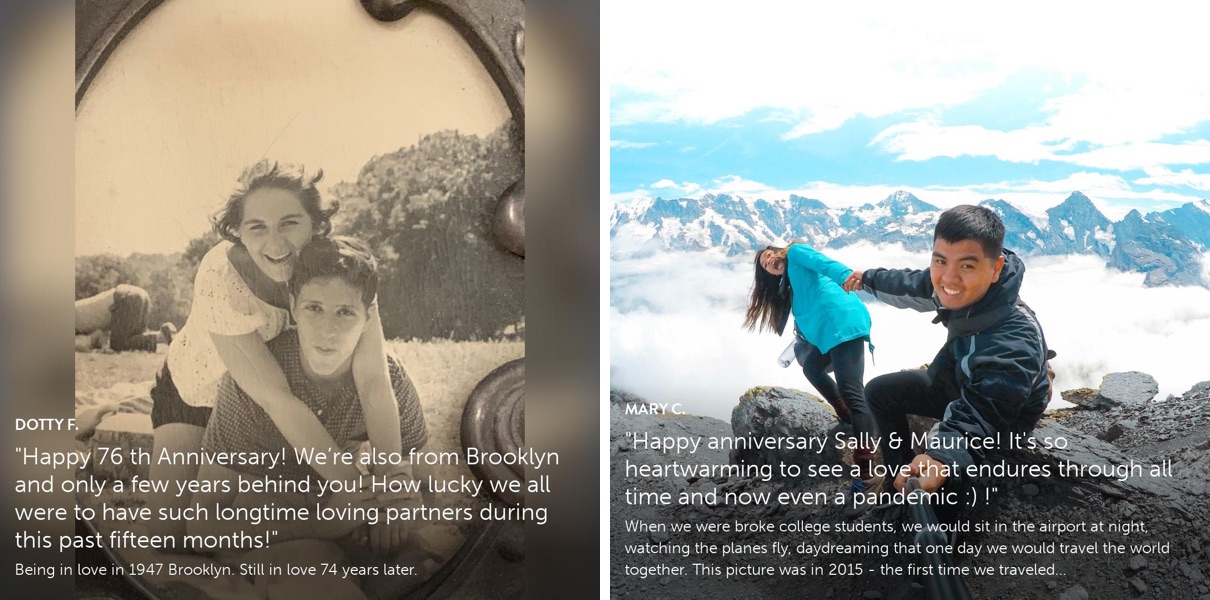 2 photos sitting side by side. Photo submission from Dotty F. of a young couple with the female draping her arms around her husband's neck. Photo submission from Mary C. showing a young couple on a mountain hike holding hands.