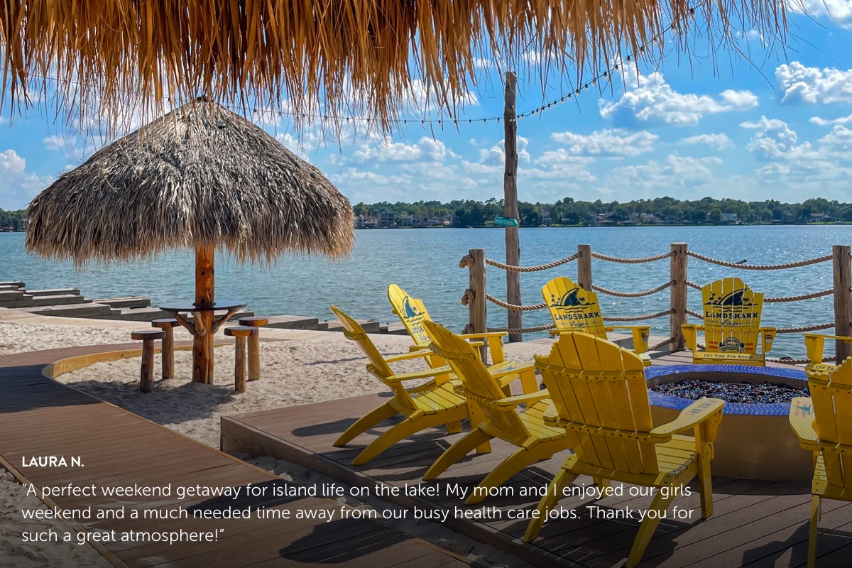 Photo submission from Laura N. showing adirondack lounge chairs right by Lake Conroe, Houston TX
