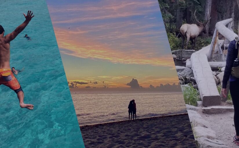 3 vacation photos showing a man diving into crystal clear ocean, a couple walking on the beach at sunset, and a woman hiking on a trail with an elk in the background