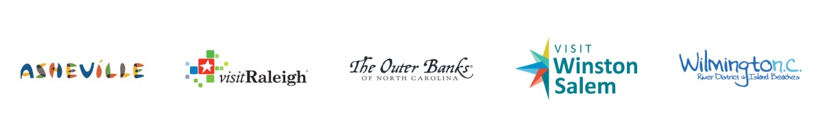 Logos of various North Carolina destinations (Asheville, Visit Raleigh, The Outer Banks of North Carolina, Visit Winston Salem, and Wilmington)