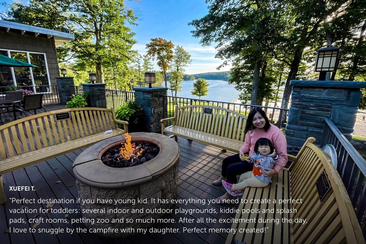 Photo submission from Xuefei T. showing a small child with mom warming themselves in front of a fire pit.