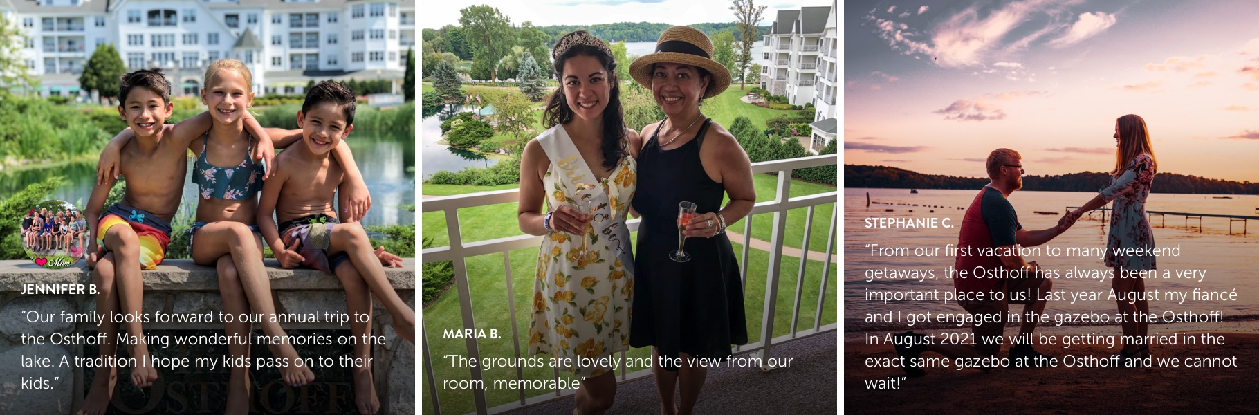 3 photos sitting side by side. Photo submission from Jennifer B., showing 2 boys and 1 girl in swimsuits smiling at camera while sitting on a stone bench. Photo submission from Maria B., showing 2 women smiling at the camera. Both are holding champagne flutes and the younger woman has a bride-to-be sash, tiara. Photo submission from Stephanie C., showing a guy on one knee proposing to a woman at a lake shore