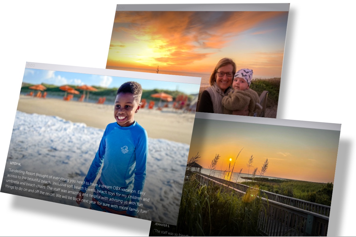 A variety of screenshots of various guest stories and photos from Sanderling Resort guests