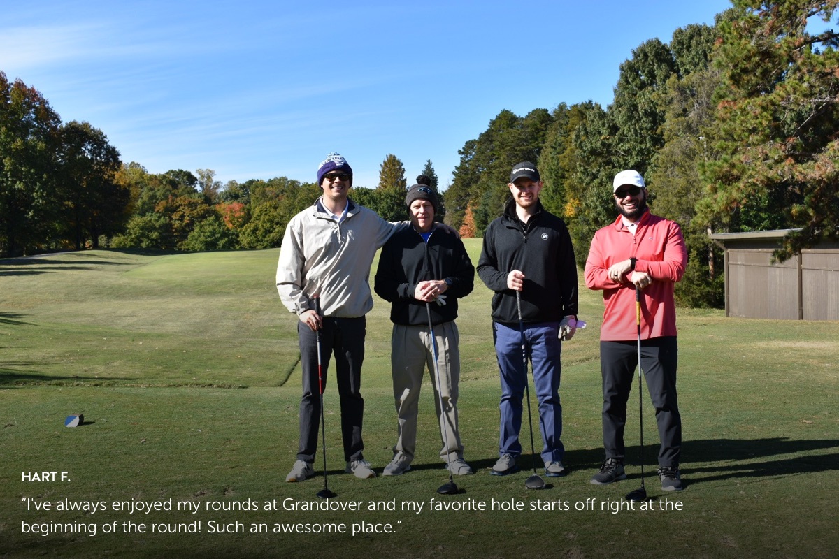 Photo submission from Hart F., showing 4 caucasian males on a golf green smiling at the camera.