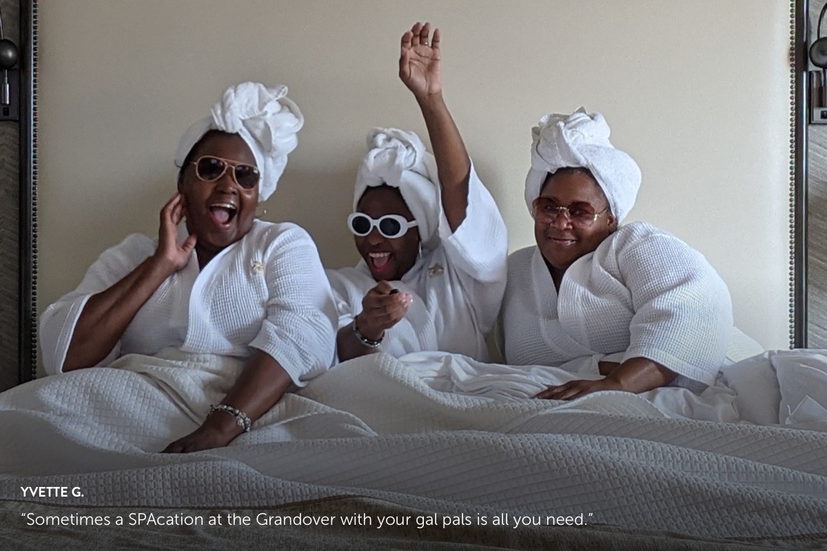 Photo submission from Yvette G., showing 3 African American ladies enjoying their spa day in terry robes and stylish sunglasses