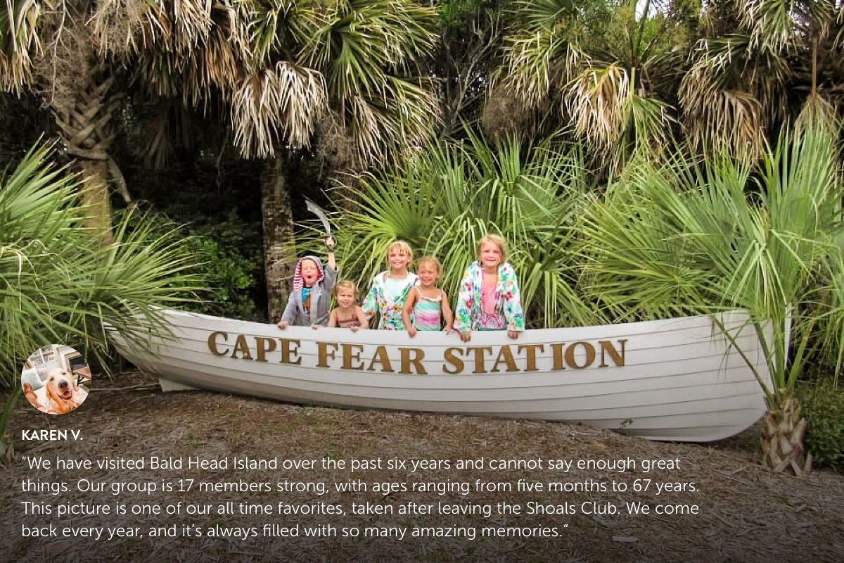 Photo submission from Karen V., showing 5 children inside a Cape Fear Station wood boat in front of palmetto tree thicket